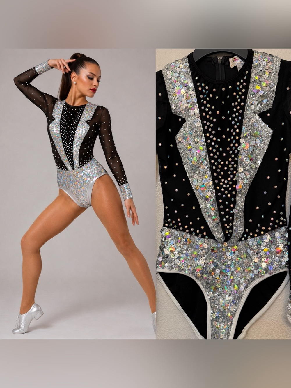 Glamour solo dance costume silver black tux Broadway jazz MA-Medium adult
